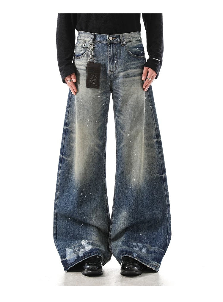 Men’s American Washed Splatter Blade-Cut Jeans – Vintage Distressed Streetwear Denim B0047