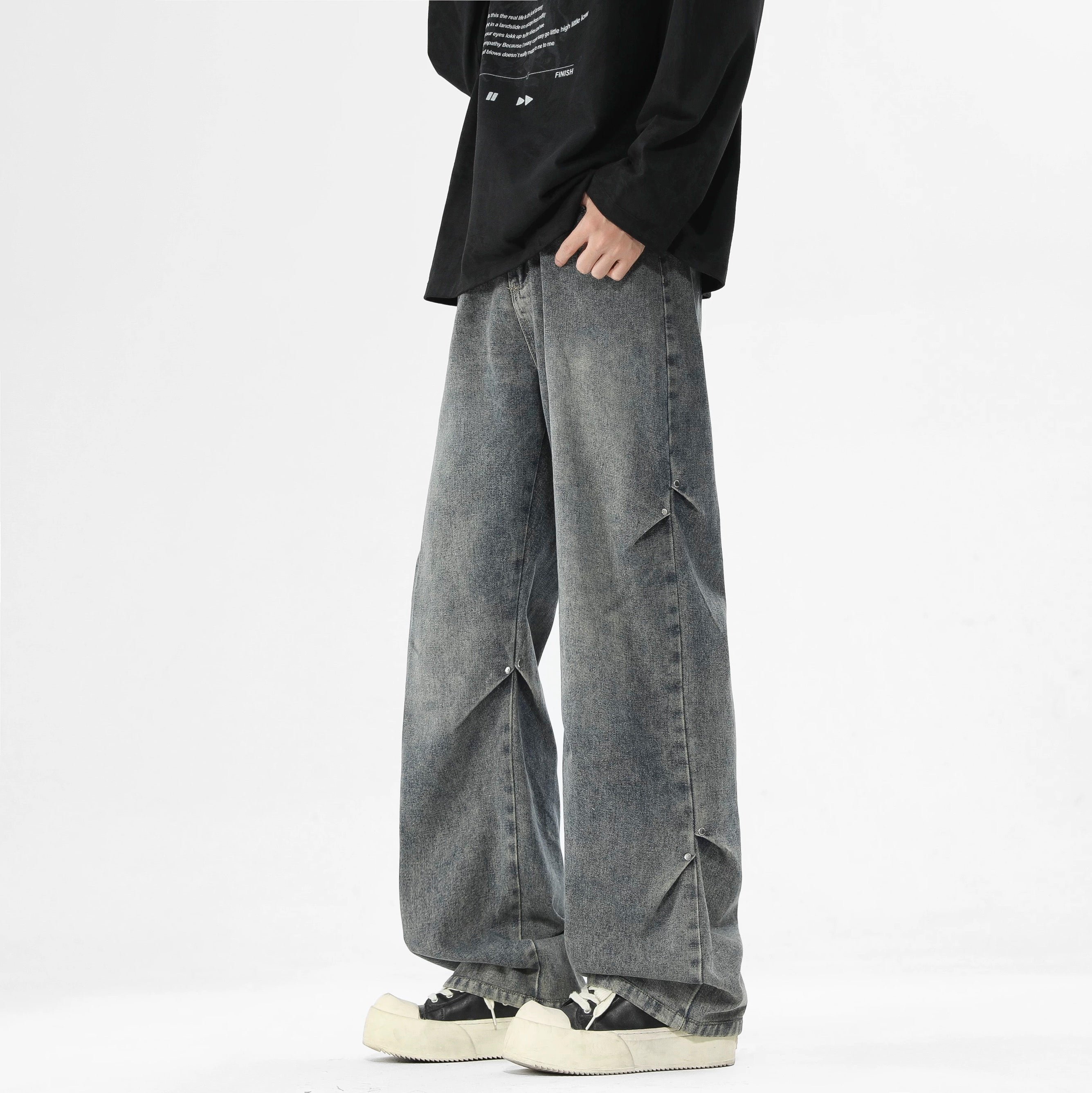 American Street Rivet Patchwork Straight-Leg Jeans Fe0501