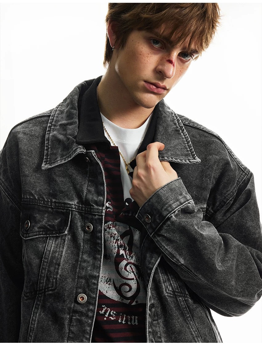 Men’s Vintage Washed Denim Jacket – American Retro Distressed Streetwear Outerwear T0052