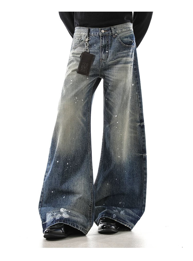 Men’s American Washed Splatter Blade-Cut Jeans – Vintage Distressed Streetwear Denim B0047