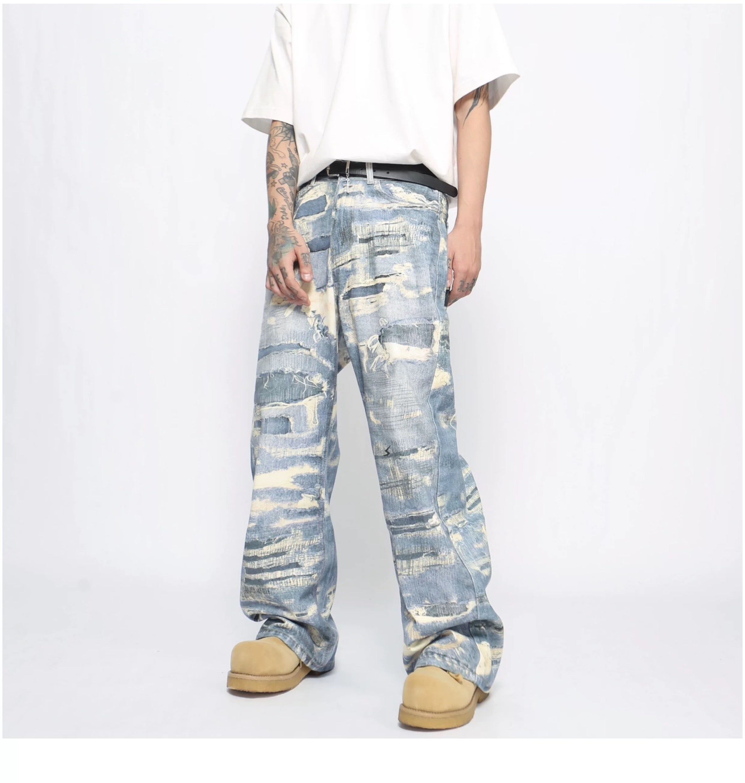 Men’s Distressed Printed Jeans – Vintage Washed Ripped Denim Pants B0079