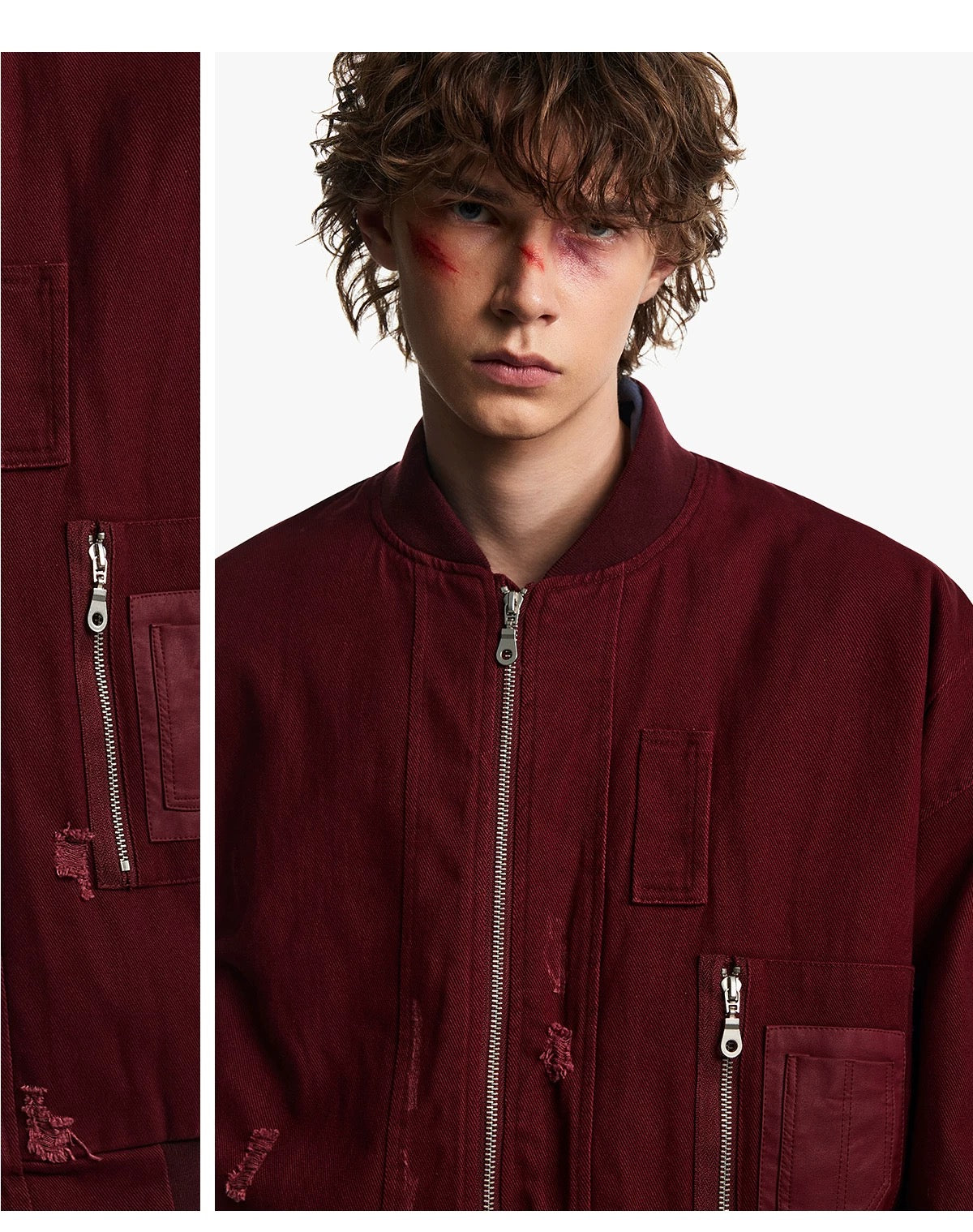 Men’s Burgundy MA-1 Distressed Bomber Jacket – Vintage American Street Baseball Style T0059