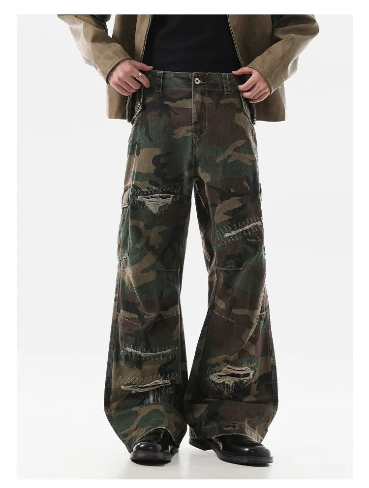 American Distressed Patchwork Camo Cargo Pants – Vintage Rugged Streetwear B0040
