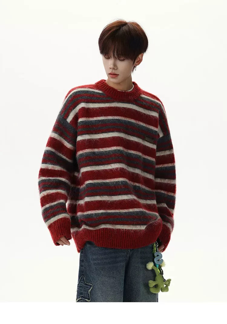 Men’s Vintage Red Striped Sweater – American Retro Knit Pullover S0049