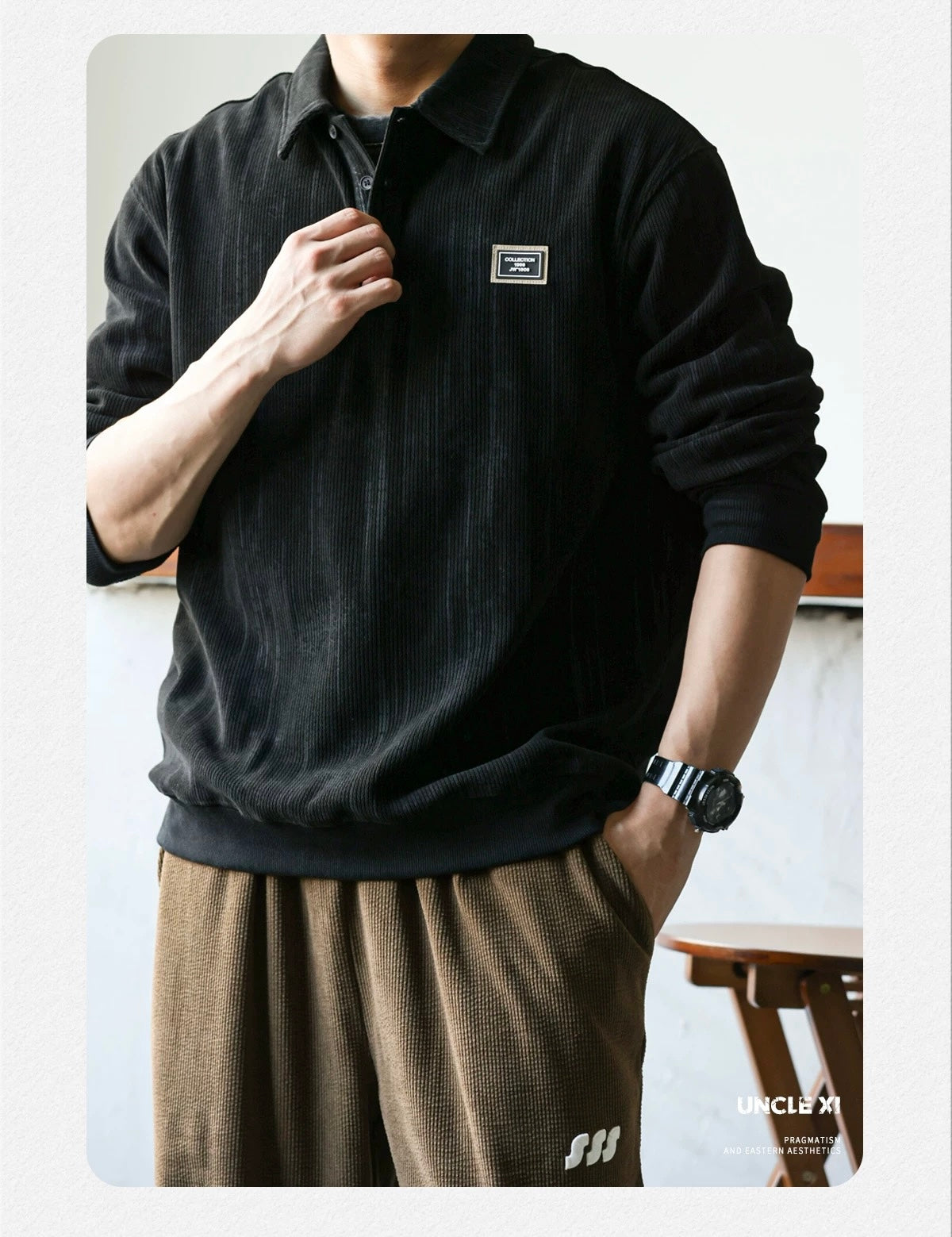 Men’s Long-Sleeve Cotton Polo – Streetwear Style S0016