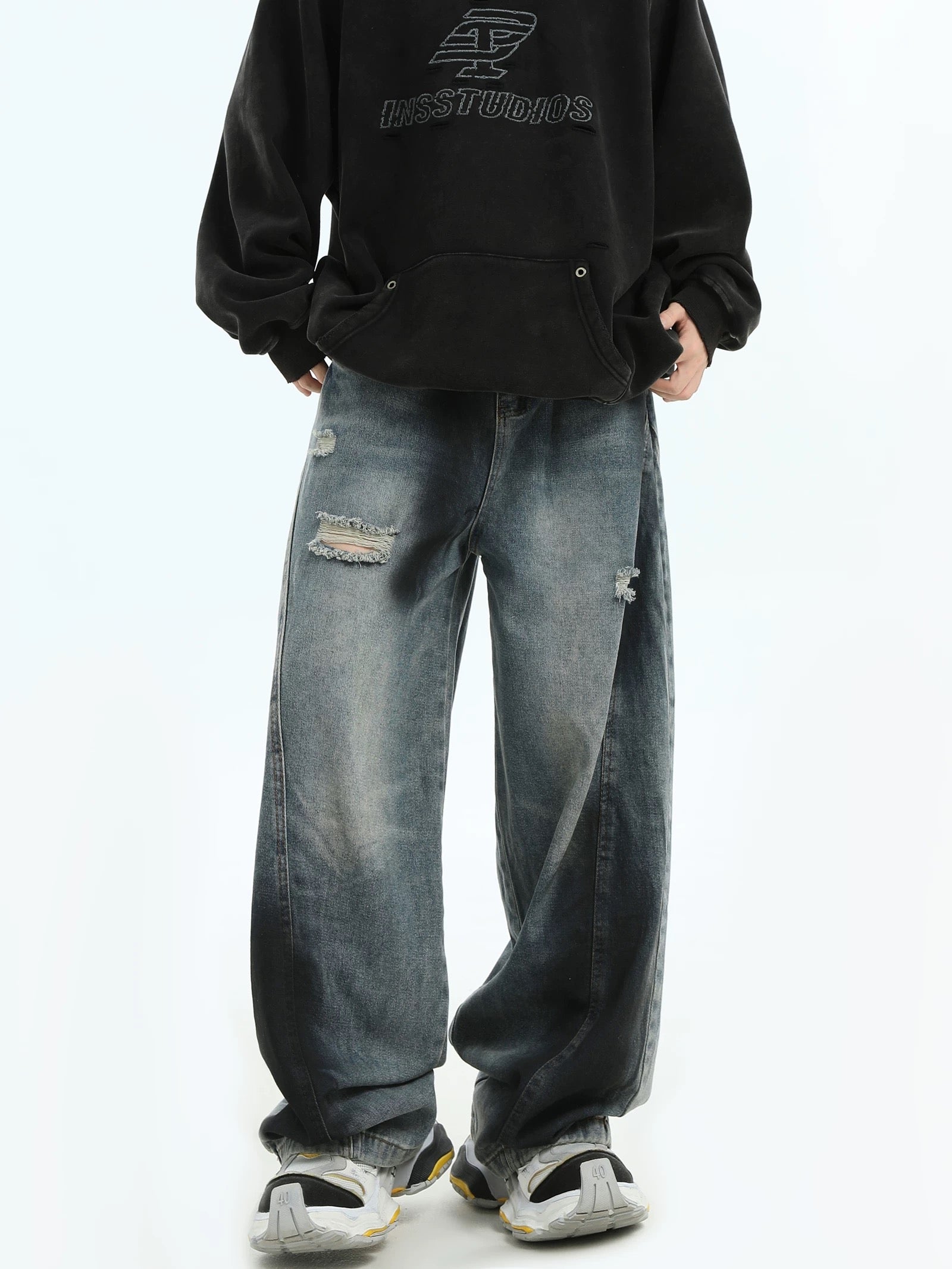 Men’s Graffiti Washed Distressed Jeans – Vintage American High Street Denim Pants B0059