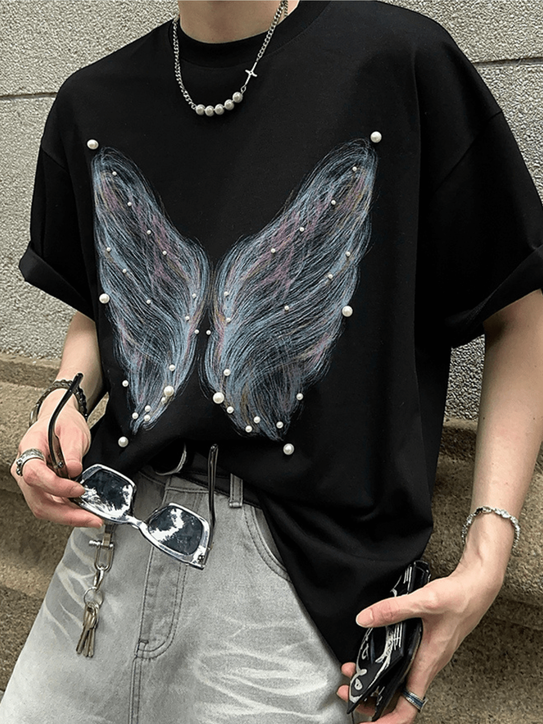 [JH HOMME] pearl butterfly print T-shirt J0098