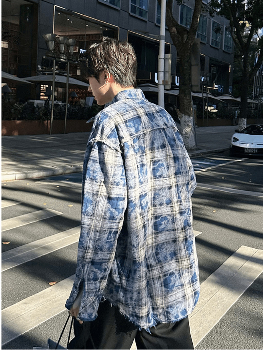 [JM HOMME] distressed raw edge plaid shirt J0112