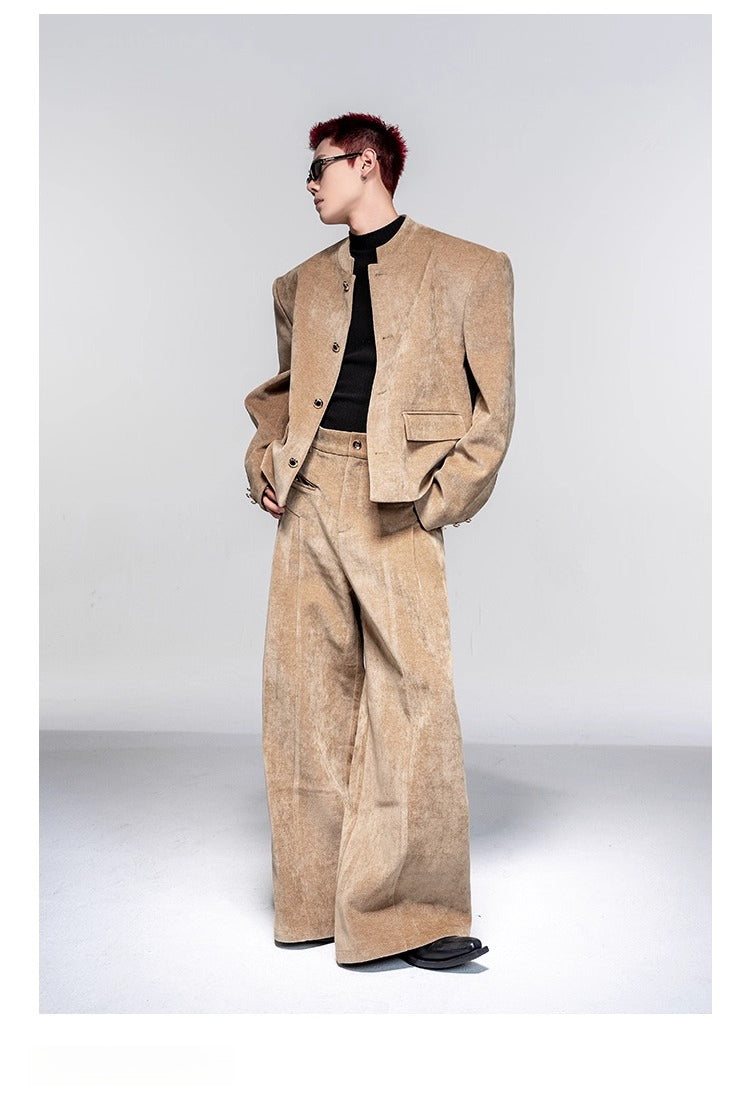High-end suit suit men's autumn and winter casual suit jacket shoulder padded jacket velvet wide-leg pants two-piece set R025