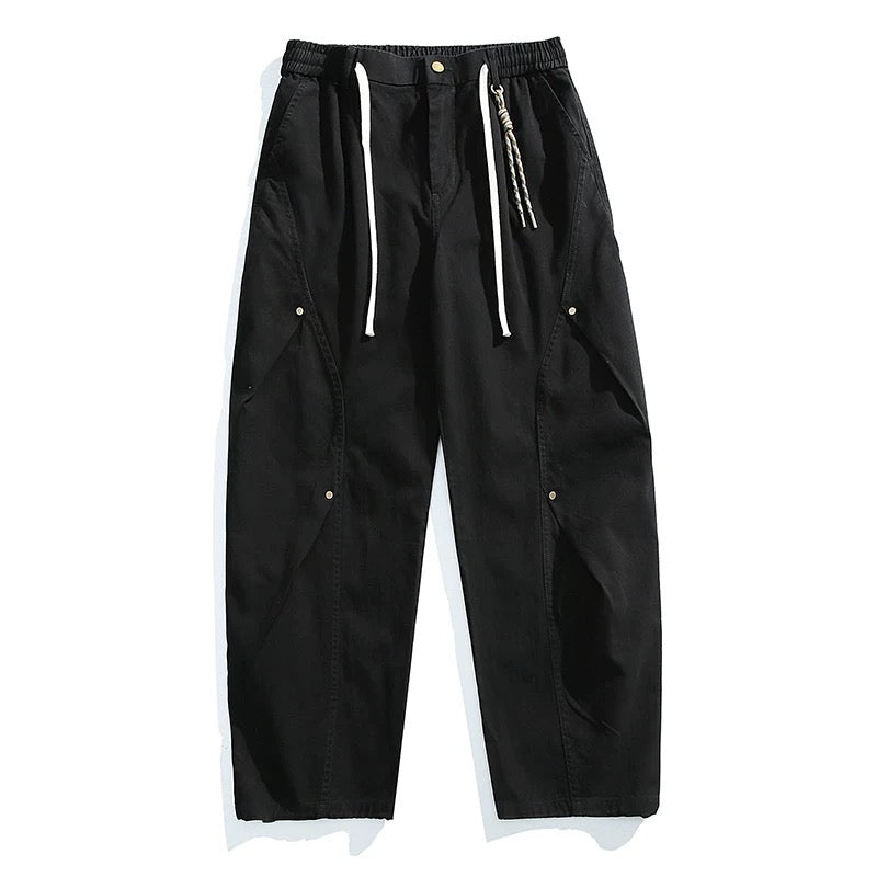 ヴィンテージアメリカンヘビーウォッシュダブルプリーツカーゴパンツ（リベット付き）、バギーワイドレッグドローストリングカジュアルジョガーパンツ T0011