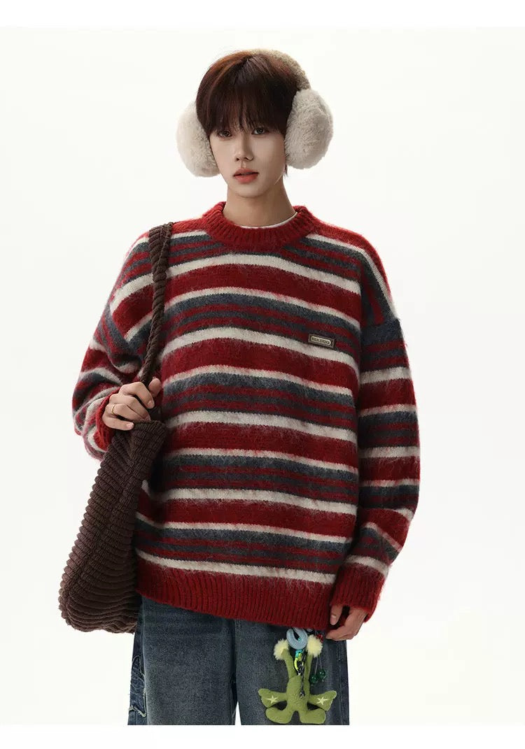 Men’s Vintage Red Striped Sweater – American Retro Knit Pullover S0049