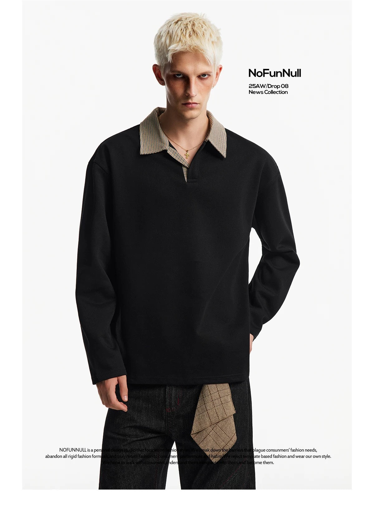 Men’s Houndstooth Patchwork Polo Long Sleeve Tee – Vintage Casual Streetwear Top S0036