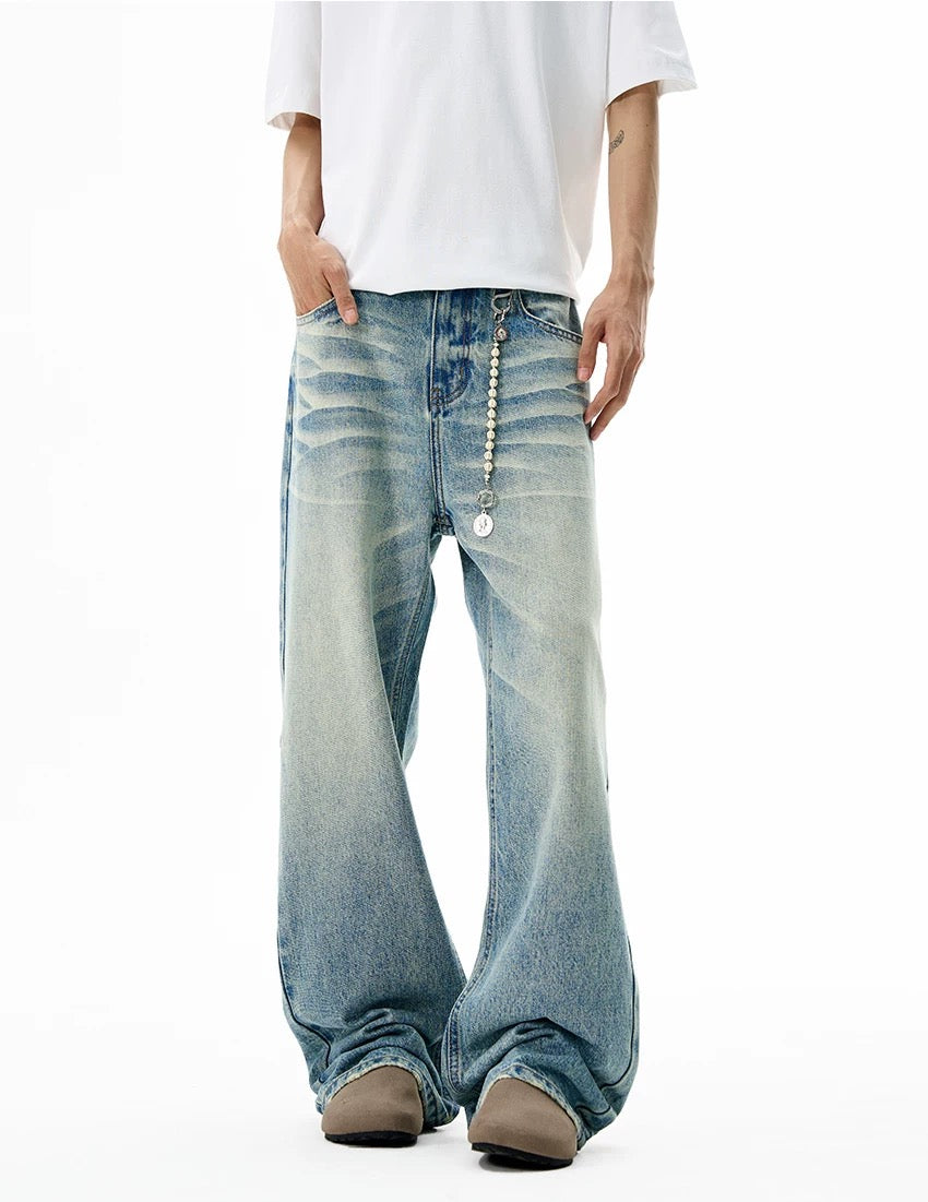 Men’s Clean Fit Light Blue Flare Jeans – American Retro Minimal Street Denim B0081