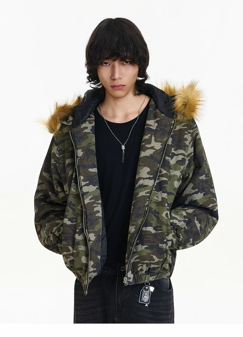 Men’s Vintage Camo Fur Hooded Puffer Jacket – American Retro Winter Street Coat T0056