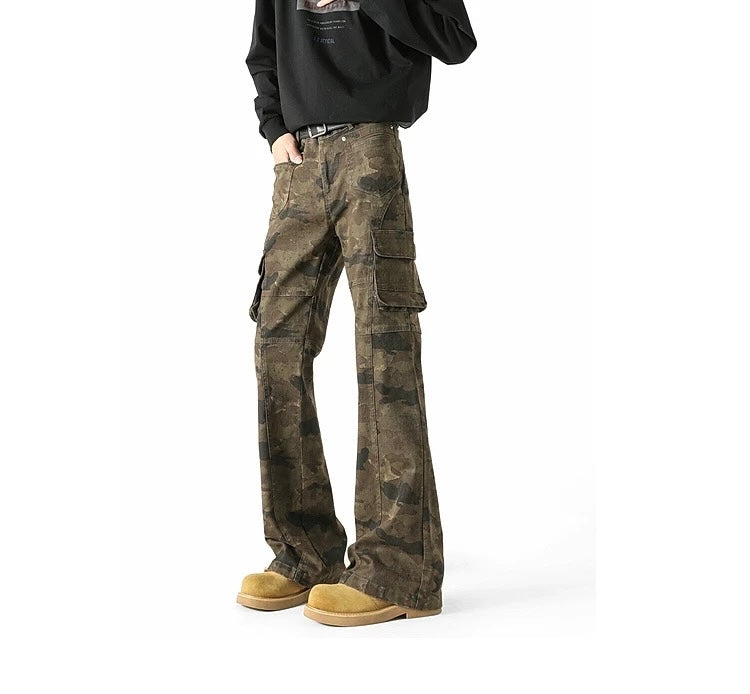 Men’s Camouflage Flared Cargo Jeans – American Vintage Workwear Street Denim B0078