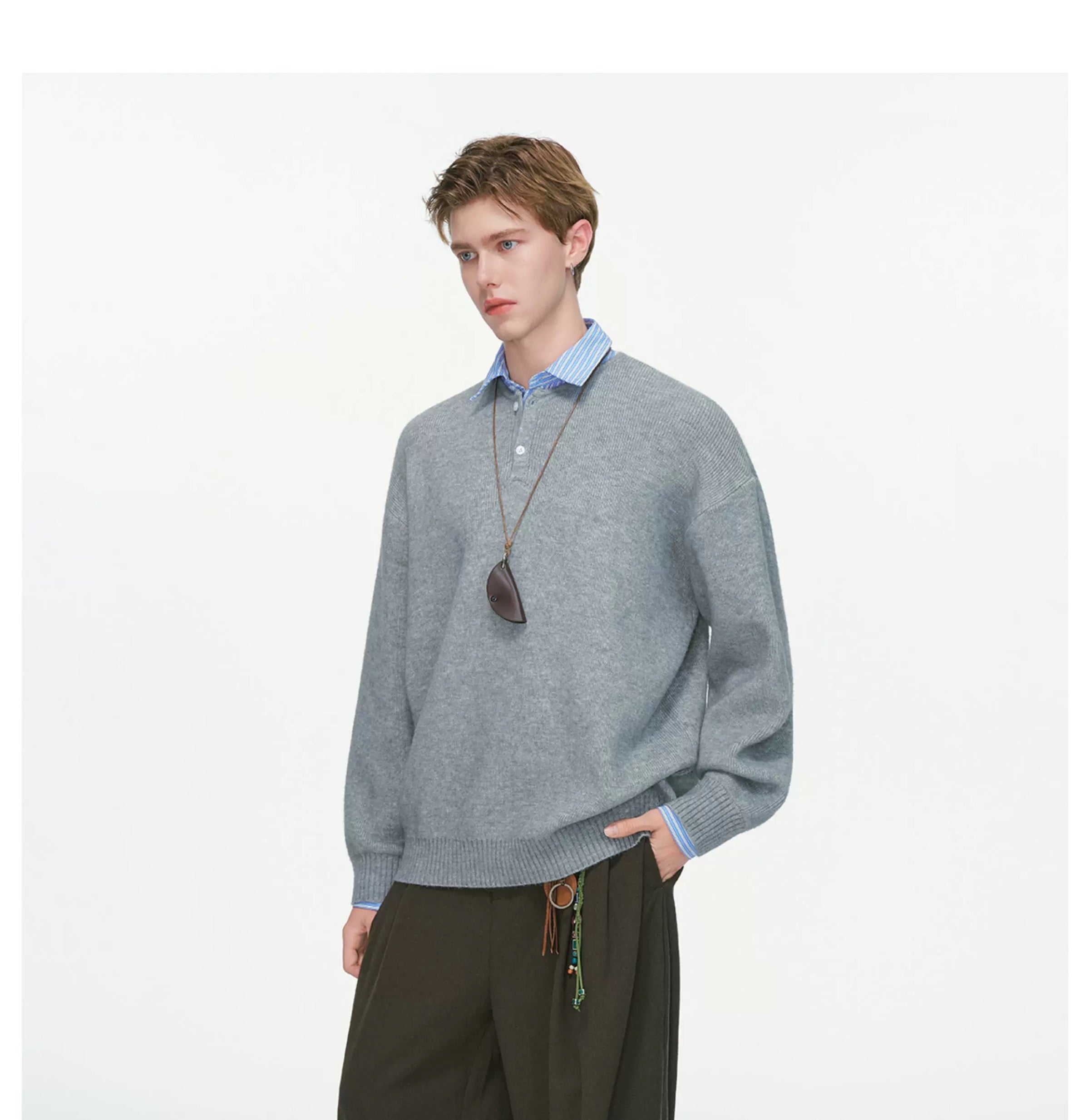 Men’s Layered Stripe Collar Sweatshirt – Vintage Preppy Street Pullover S0045