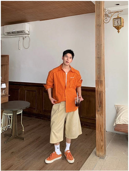 American Streetwear Orange Plaid Shirt – Vintage Long Sleeve Flannel for Men T0241