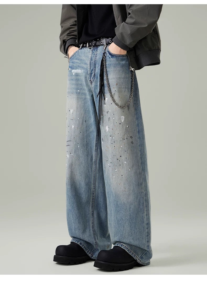 Men’s Paint-Splatter Washed Jeans – Vintage American Street Art Denim Pants B0055