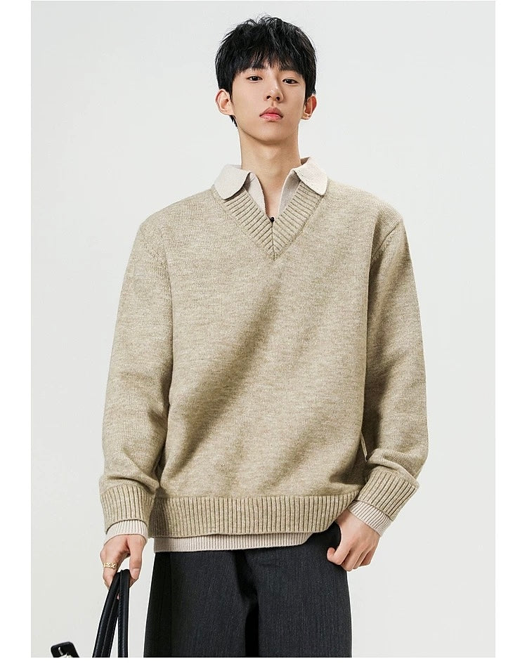 Vintage Layered Knit Sweater – Retro Patchwork Two-in-One Pullover for Men S0027