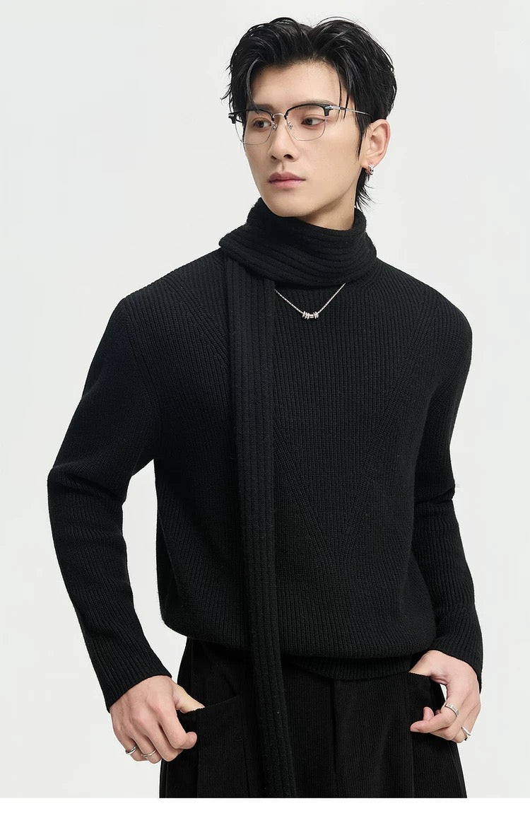 Suéter holgado de punto de lana de color liso para hombre, con cuello semialto y diseño estampado para invierno - Capa base ideal T0043