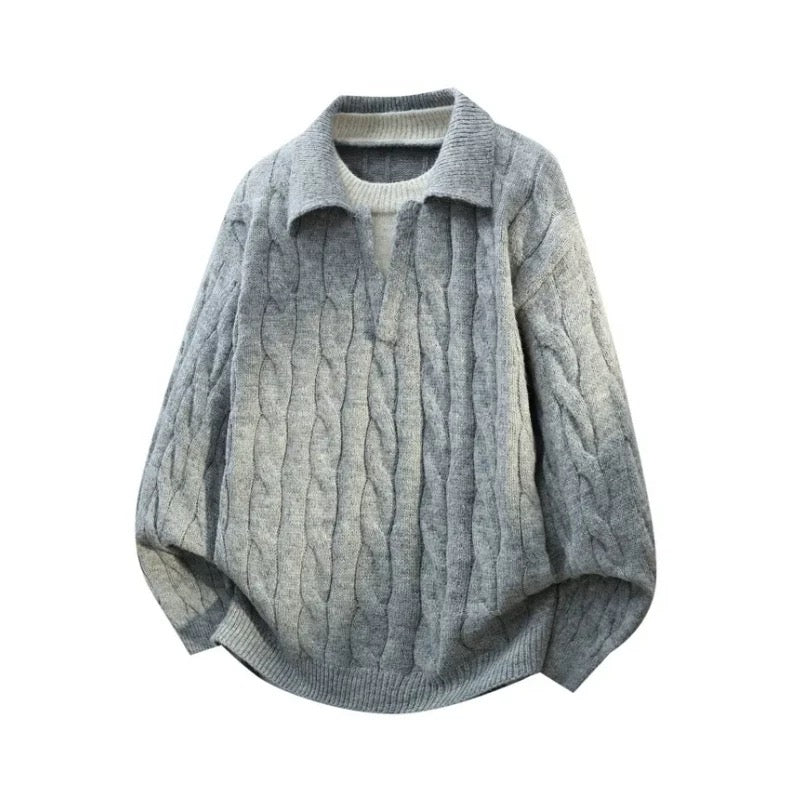 Men’s Vintage Cable Knit Layered Sweater – Retro Street Faux Two-Piece Pullover S0043