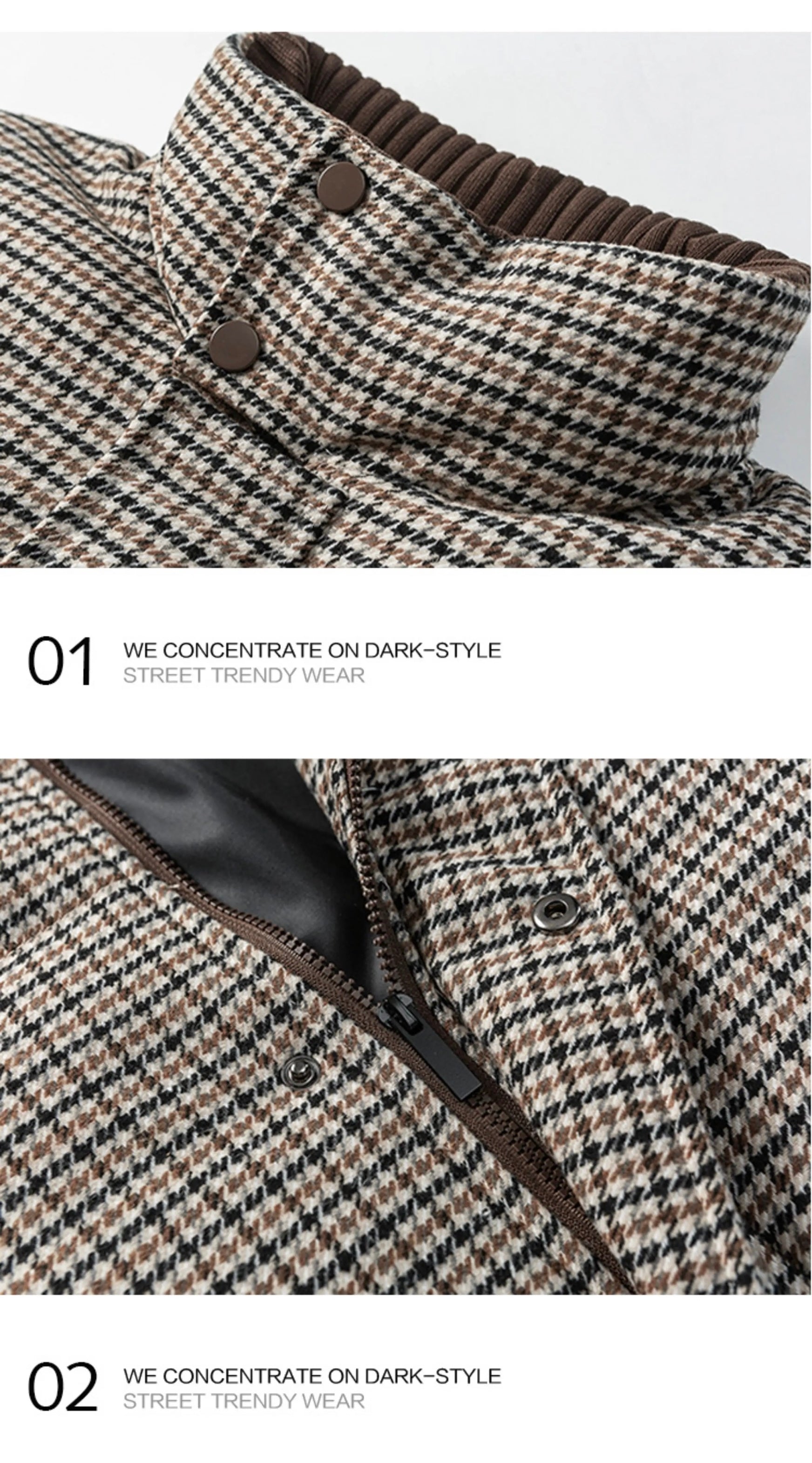 Chaqueta de plumas con cuello alto y estampado pata de gallo para hombre – American Vintage Woven Puffer Coat T0142