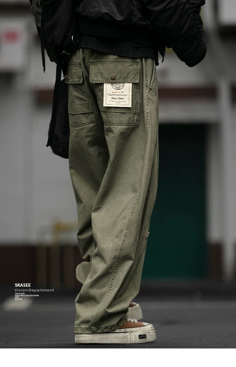 ヴィンテージアメリカンヘビーウォッシュダブルプリーツカーゴパンツ（リベット付き）、バギーワイドレッグドローストリングカジュアルジョガーパンツ T0011