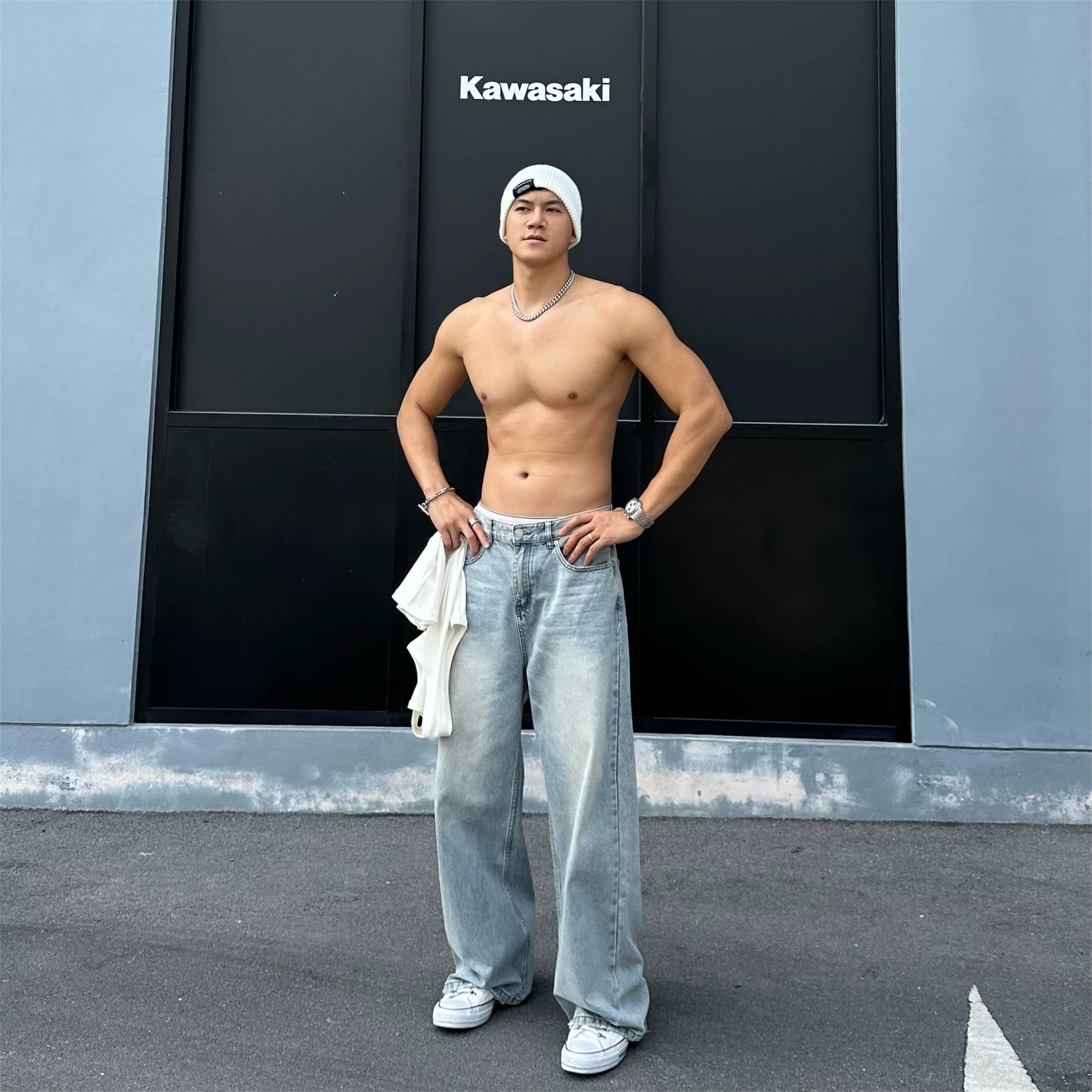 Men’s Vintage Wash Straight Leg Jeans Loose Fit Wide Leg Denim Pants B0100