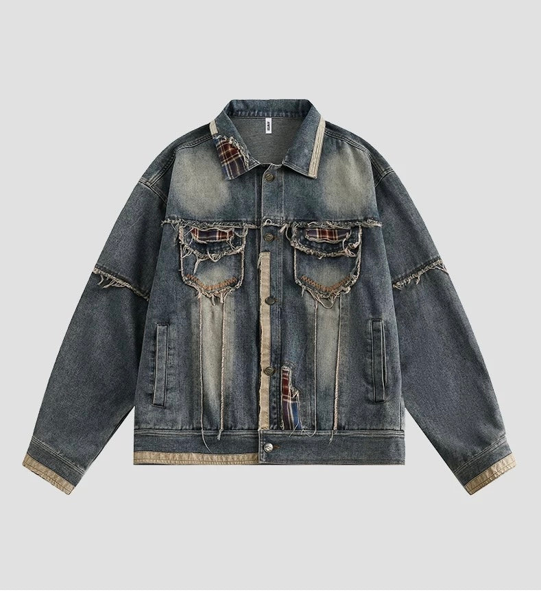 Men’s Vintage American Patchwork Frayed Denim Jacket – Distressed Retro Streetwear Outerwear T0039
