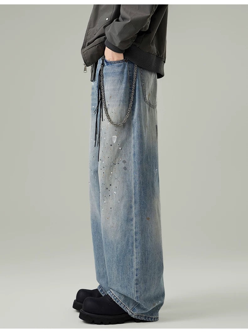 Men’s Paint-Splatter Washed Jeans – Vintage American Street Art Denim Pants B0055