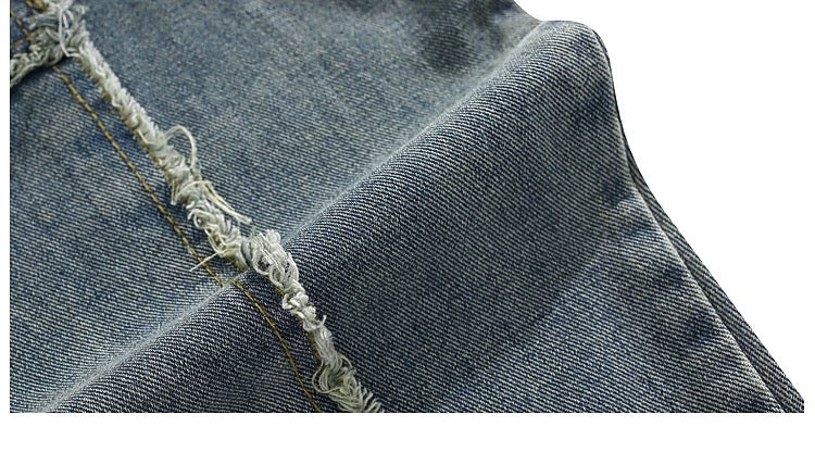 Men’s Vintage American Patchwork Frayed Denim Jacket – Distressed Retro Streetwear Outerwear T0039