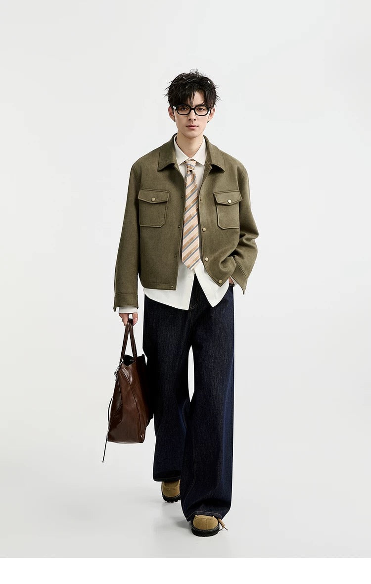 Chaqueta retro premium de ante sintético con solapa para hombre - Top corto informal para otoño T0039