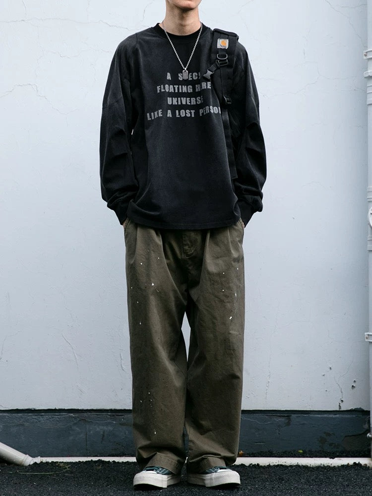 Camiseta vintage de manga larga desgastada y lavada para hombre, de algodón con cuello redondo y estampado abullonado de principios de otoño, T0018