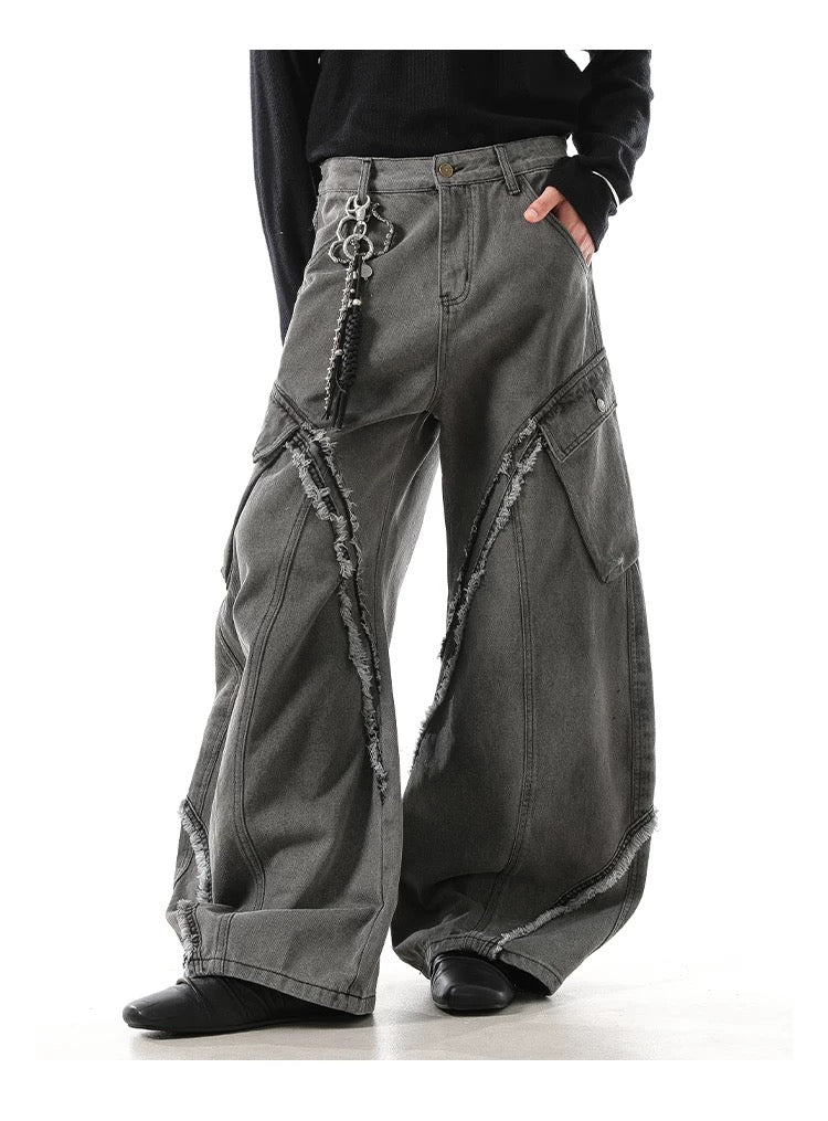 Men’s Vintage Deconstructed Denim Jeans – American Raw-Edge Curved Cut Wide-Leg Pants B0088