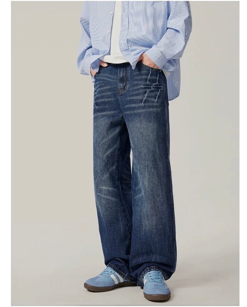 Men’s Vintage Washed Wide-Leg Jeans – American Retro Streetwear Denim T0138