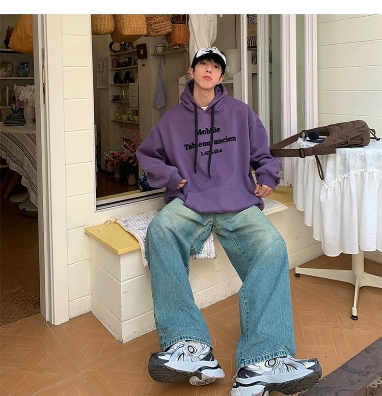 Men’s Vintage Brushed Embroidery Hoodie – Retro American Streetwear Pullover T0202