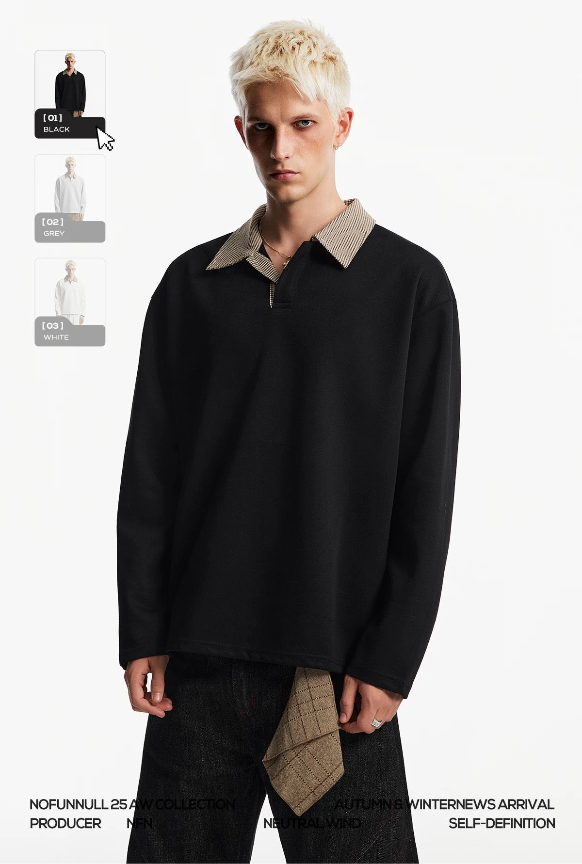 Men’s Houndstooth Patchwork Polo Long Sleeve Tee – Vintage Casual Streetwear Top S0036