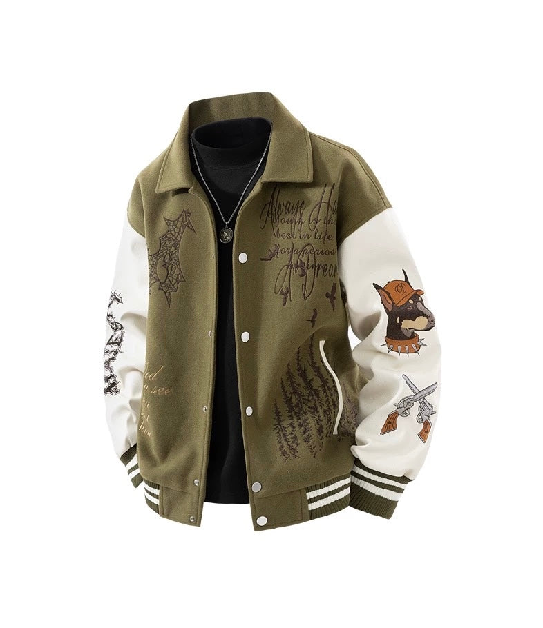 Men’s American Embroidered Patchwork Baseball Jacket – Vintage Streetwear Varsity CoatT0074