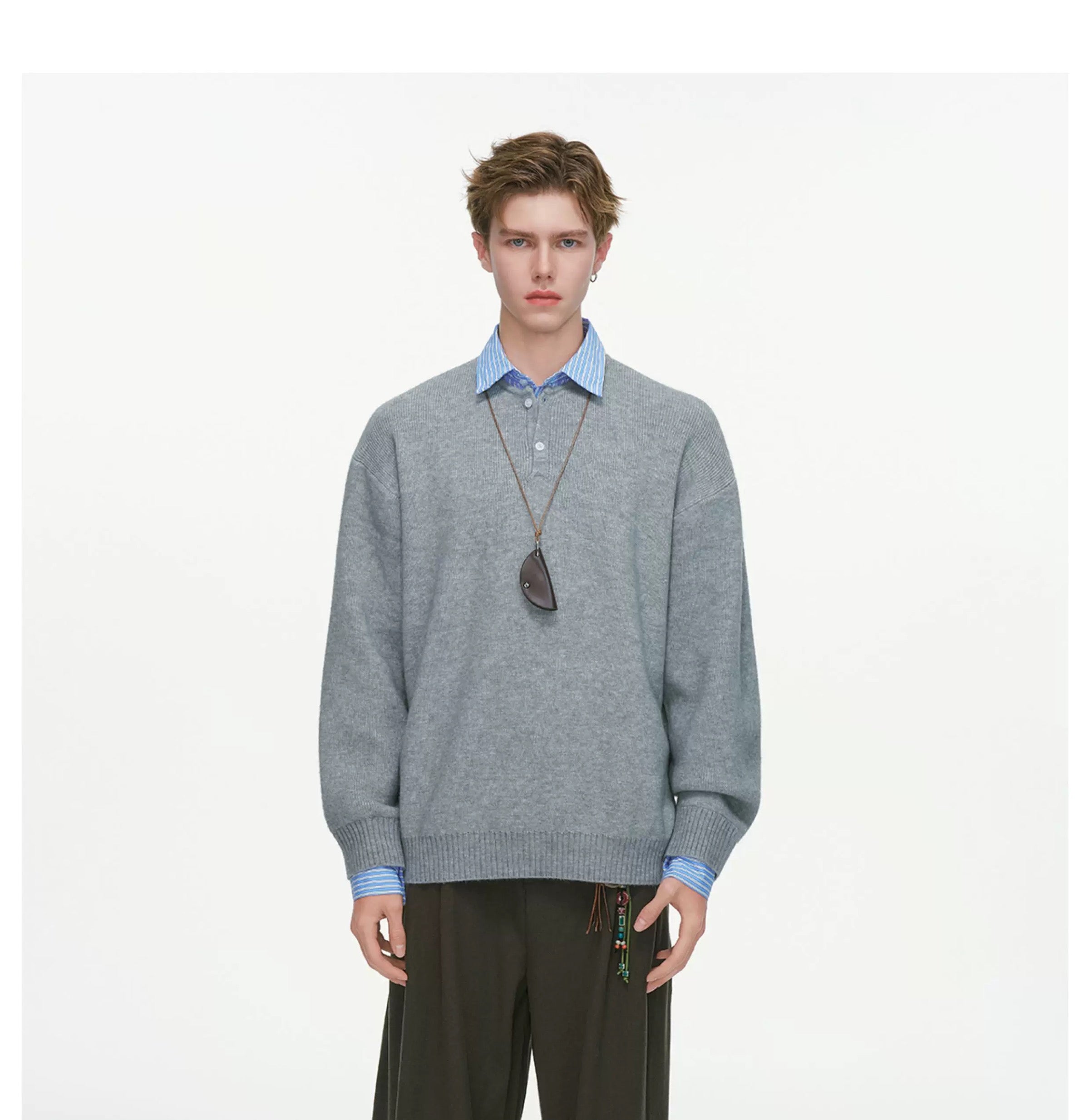 Men’s Layered Stripe Collar Sweatshirt – Vintage Preppy Street Pullover S0045