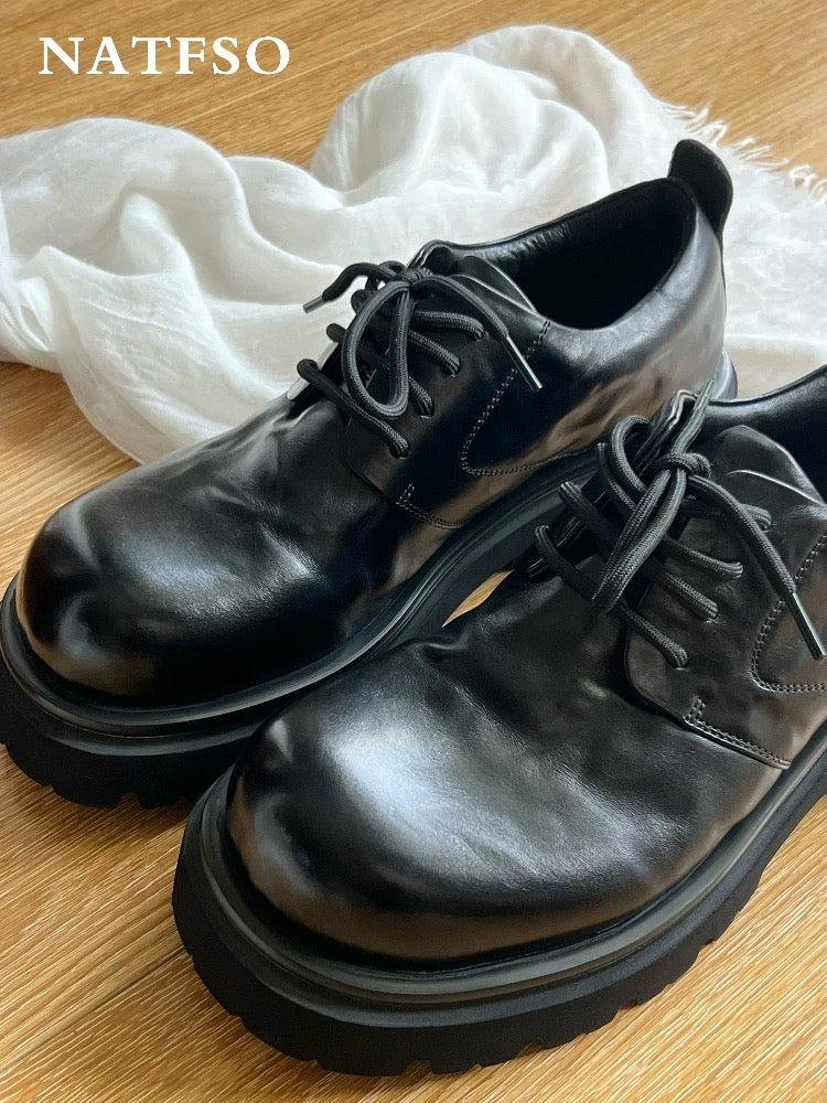 Black Washed Leather Derby Shoes - Chunky Platform Sole with Wrinkled Texture (Cleanfit Men's Footwear) S0001