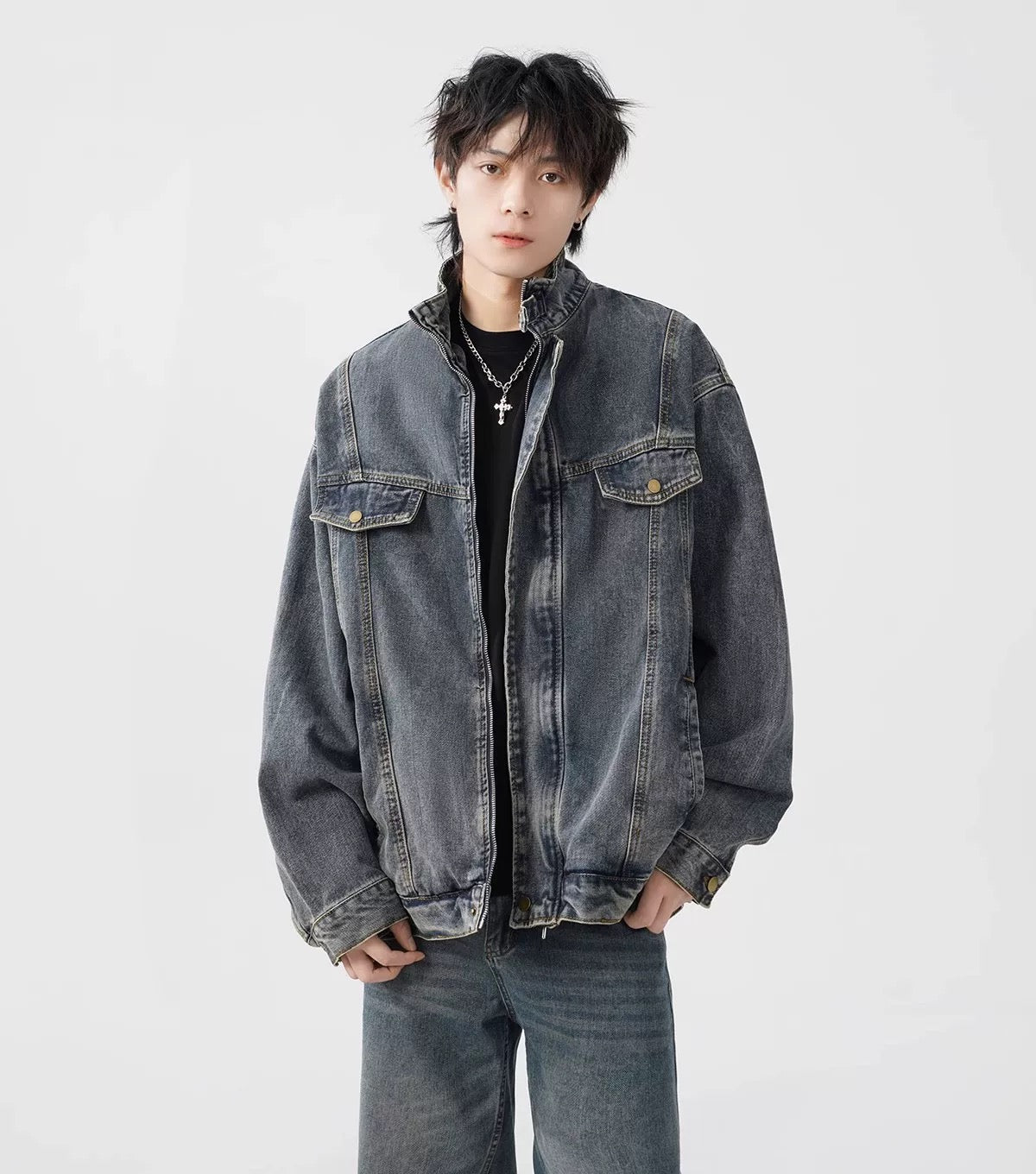 Men’s Vintage Washed Denim Jacket – American Retro Distressed Streetwear Outerwear T0046