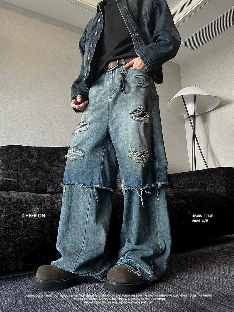 Vintage American Distressed Jeans - Stacked Two-Layer Design Straight-Leg Pants for Men and Women (High-Street Style) T0028