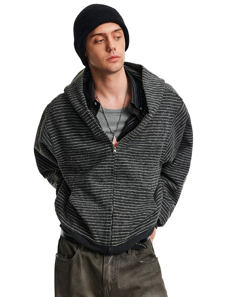Sudadera a rayas con cremallera – Sudadera estilo cárdigan con capucha estilo streetwear vintage americano T0207