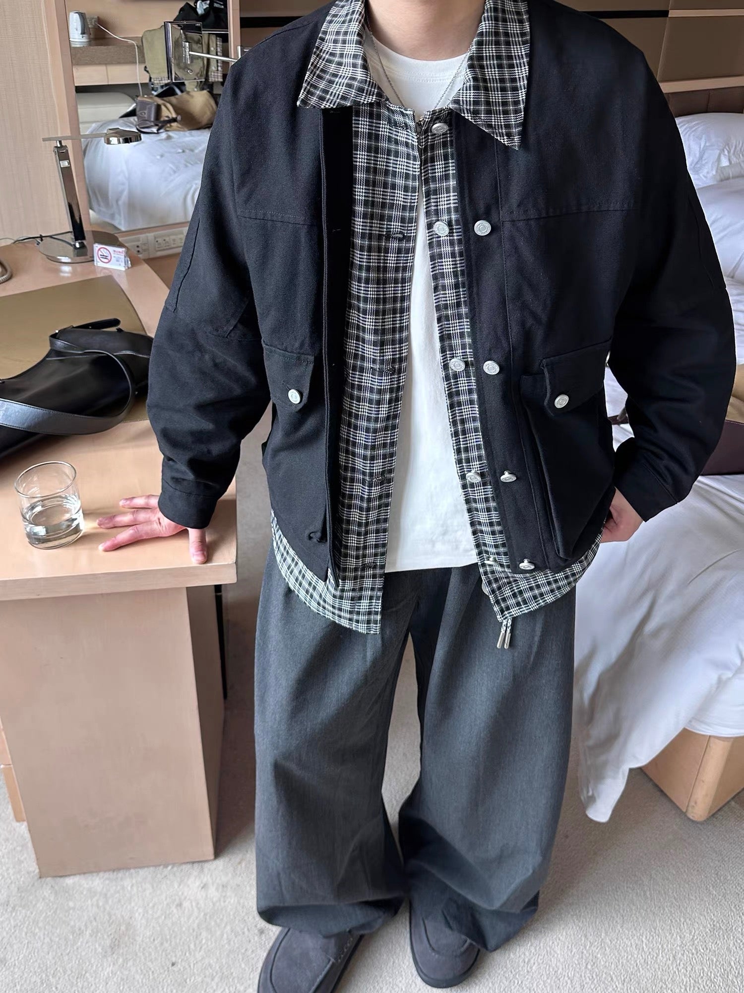 チェック柄レイヤードワークジャケット T0127