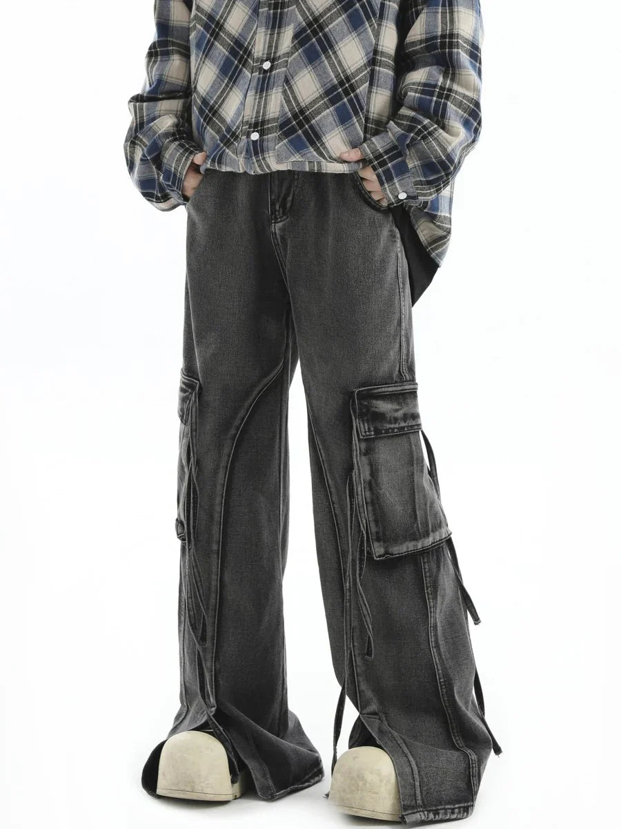 MULTI-POCKET LOOSE STRAIGHT LONG JEANS B0163