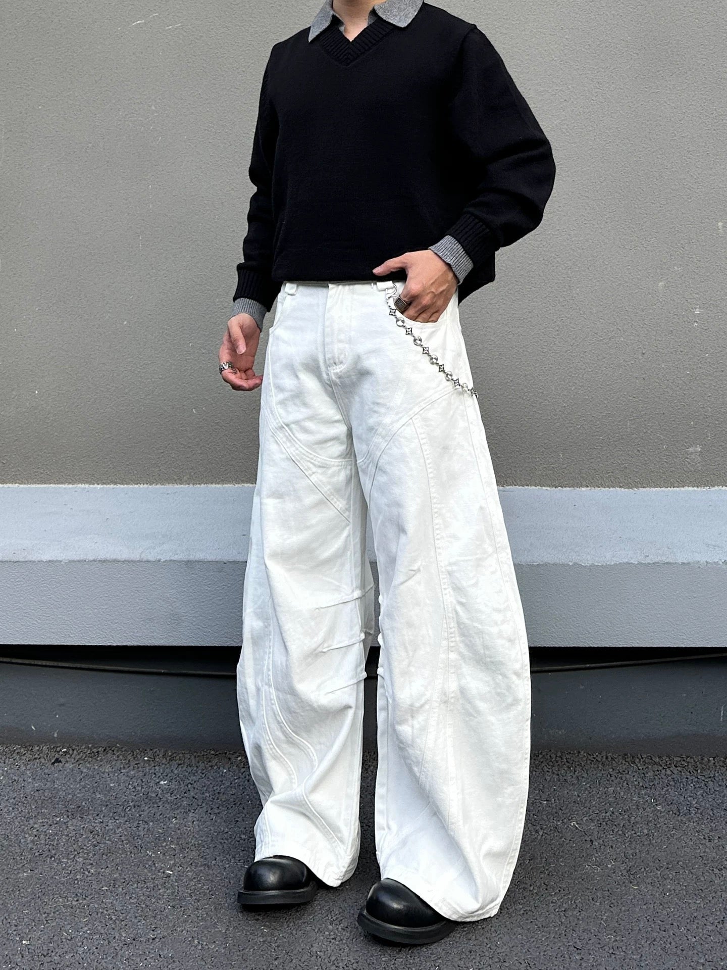 Men’s White Curved Wide-Leg Jeans – American Streetwear Vintage Denim Pants B0086