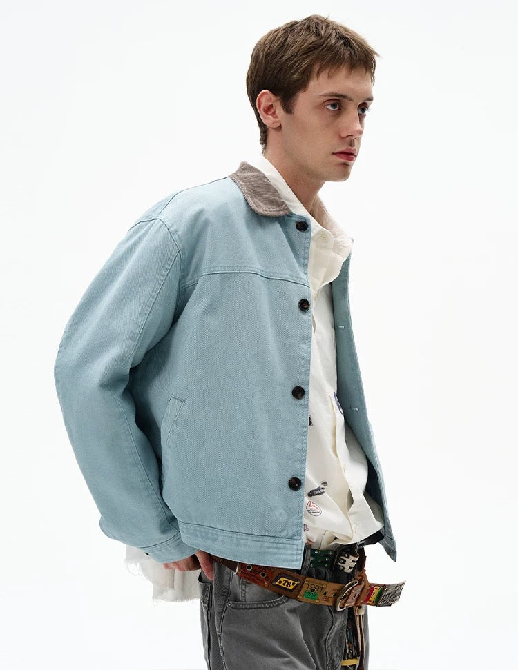 Men’s Color-Block Workwear Jacket – American Retro Contrast Collar Utility Outerwear T0064