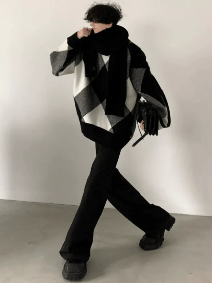 [AUTUMNWIND] BLACK AND WHITE HIGH-END DESIGN TURTLENECK SWEATER S0181