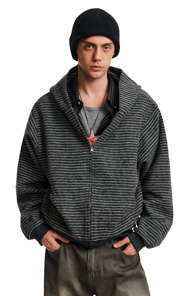 Sudadera a rayas con cremallera – Sudadera estilo cárdigan con capucha estilo streetwear vintage americano T0207