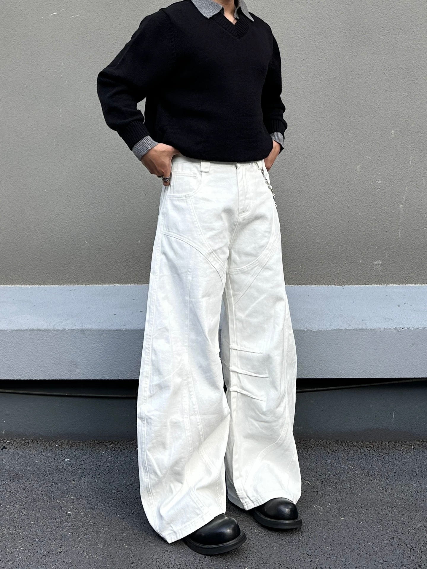 Men’s White Curved Wide-Leg Jeans – American Streetwear Vintage Denim Pants B0086